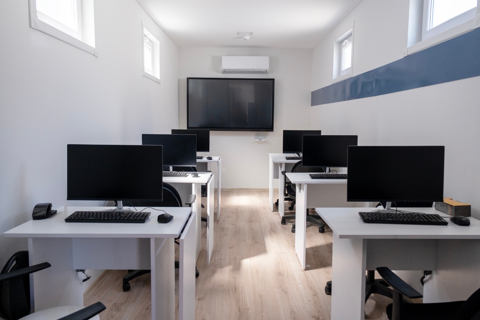 Empty meeting room inside a portable cabin container